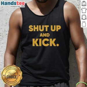 Original Harrison Butker of Kansas City Chiefs in a 'Shut Up and Kick' tank top, showcasing team spirit and style.