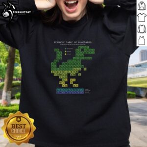 Colorful Pretty Periodic Table of Dinosaurs sweatshirt featuring dinosaur illustrations and fun design for science lovers.