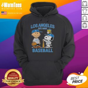 Nice Charlie Brown, Snoopy, and Woodstock wearing Dodgers baseball jersey hoodie, celebrating LA baseball since 1883.