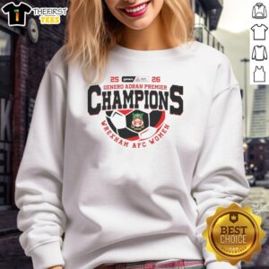 Nice Genero Adran Premier Champions 25-26 Wrexham AFC Women sweatshirt featuring team logo and vibrant design.