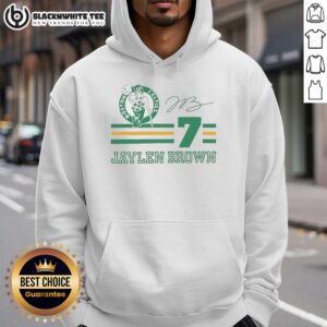Alt Text: Jaylen Brown Boston Celtics signature name and number hoodie featuring vibrant team colors and logo design.