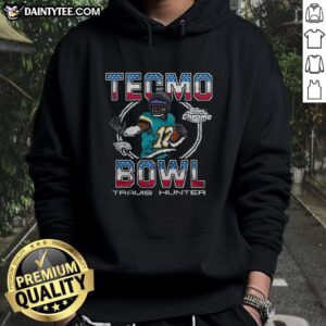 Alt Text: Good Tecmo Bowl X Travis Hunter Hoodie featuring Topps Chrome Jaguars logo, perfect for NFL fans.