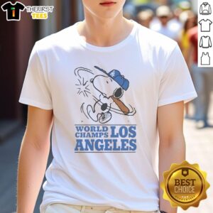 Alt Text: Good Snoopy X Los Angeles Dodgers World Champs cartoon T-shirt featuring Snoopy in Dodgers gear celebrating victory.