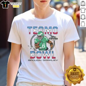 Alt Text: Pretty Tecmo Bowl X Topps Chrome Eagles Saquon Barkley T-Shirt featuring vibrant graphics and a stylish design.