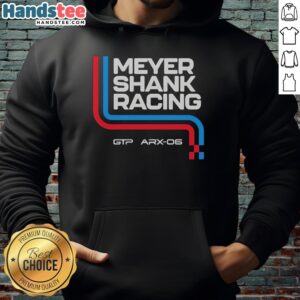Alt Text: Nice Meyer Shank Racing GTP ARX-06 hoodie featuring vibrant design and logo, perfect for racing fans.