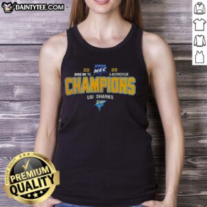 Alt Text: Liu Sharks 2026 Northeast Conference Tournament Champions tank top showcasing team pride and NCAA spirit.