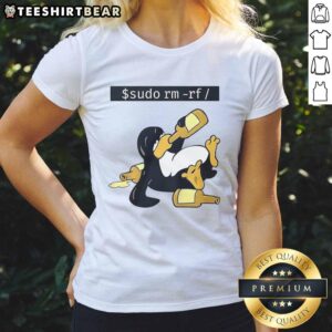 Funny Linux Tux graphic on a ladies' tee featuring 'sudo rm -rf' text, perfect for tech enthusiasts and programmers.