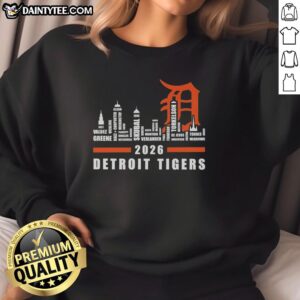 Hot Detroit Tiger MLB 2026 sweatshirt featuring city skyline shape and player names, perfect for fans and collectors.