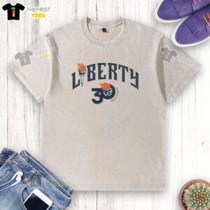 Pretty New York Liberty 30th Anniversary 2026 washed t-shirt featuring vibrant team colors and logo design.