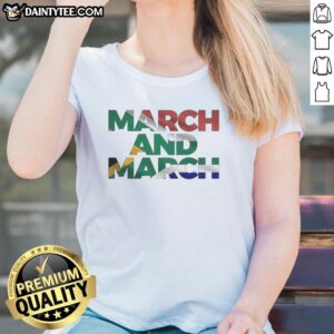Alt Text: Original March and March South African flag ladies tee showcasing vibrant colors and stylish design for casual wear.