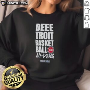 Alt Text: 2026 NBA Playoffs Detroit Pistons sweatshirt featuring Dee Troit Bassketball logo for fans and supporters.