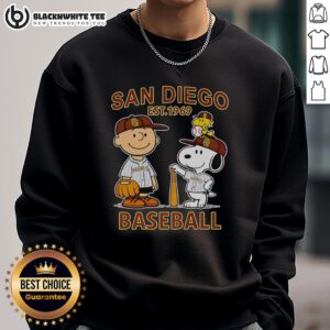 Alt Text: Good Charlie Brown, Snoopy, and Woodstock with Diego Padres baseball jersey sweatshirt, established 1969.
