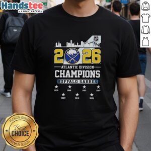 Buffalo Sabres 2026 Atlantic Division Champions T-Shirt featuring bold graphics and team colors, perfect for fans.