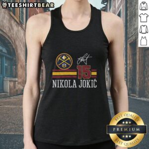 Alt Text: Top Nuggets Nikola Jokic signature jersey tank top featuring vibrant colors and player graphics for basketball fans.