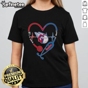 Alt Text: Cleveland Guardians heart and soul tee featuring stethoscope and heartbeat design, perfect for fans and healthcare workers.