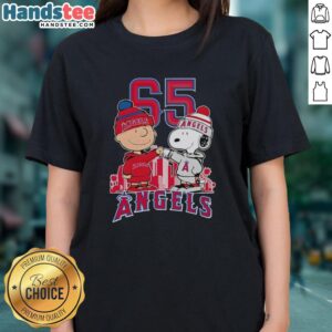 Alt Text: Cute Charlie Brown and Snoopy celebrating Los Angeles Angels 65th Anniversary tee with city skyline design.