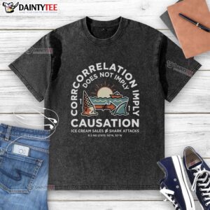 Official Spurious Correlation Does Not Imply Causation washed t-shirt design featuring bold text and vibrant colors.