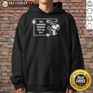 Official Snoopy The Horrors Persist But So Do I Hoodie featuring a playful Snoopy design for fans and fashion lovers.