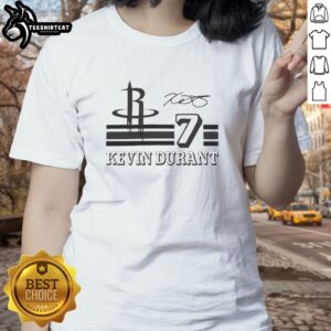 Alt Text: Ladies' tee featuring Kevin Durant's signature name and number for Houston Rockets, perfect for fan apparel.