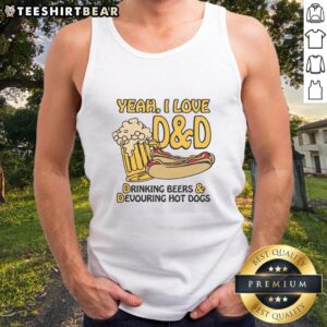 Funny tank top featuring 'Yeah I Love DD' with a graphic of drinking beers and devouring hot dogs, perfect for summer fun.