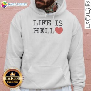 Good Life Is Hell heart-shaped hoodie displayed on a hanger, showcasing its unique design and vibrant colors.