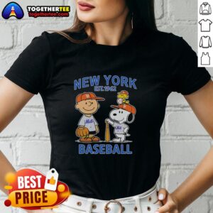 Charlie Brown, Snoopy, and Woodstock in New York Mets baseball jerseys, celebrating the team's legacy since 1962.