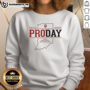 Alt Text: Official Fernando Mendoza Indiana Pro Day football sweatshirt featuring team colors and logo, perfect for fans.