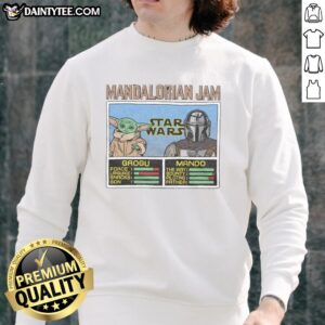 Alt Text: Official Mandalorian Jam Grogu and Mando sweatshirt featuring vibrant graphics of Grogu and Mando in a cozy design.