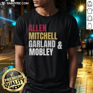 Nice Cleveland Cavaliers basketball starting four t-shirt featuring Allen, Mitchell, Garland, and Mobley in vibrant design.