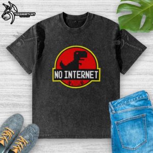 Cute 'No Internet' dinosaur graphic on a washed t-shirt, perfect for casual wear and playful style.