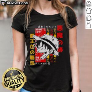 Alt Text: Original Monkey D. Luffy One Piece anime graphic ladies tee featuring vibrant design and comfortable fit.