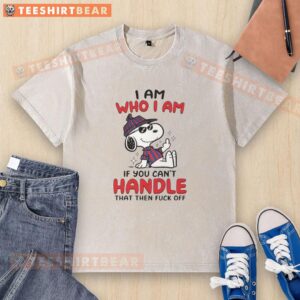 Alt Text: Cute Snoopy 'I Am Who I Am' middle finger washed t-shirt design featuring vibrant colors and playful graphics.