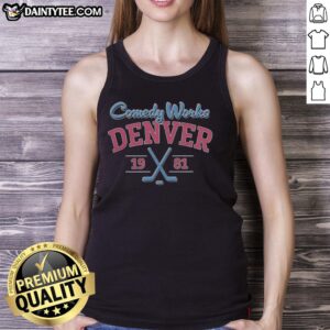 Top Comedy Works Denver Pioneers Est 1981 tank top featuring vibrant design and classic logo for comedy enthusiasts.