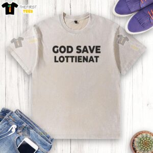 Alt Text: Sophie Thatcher wearing a 'God Save Lottienat' washed t-shirt, showcasing a casual and stylish look.