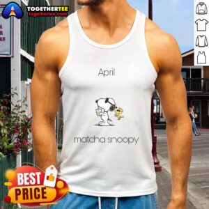 Pretty April Matcha Snoopy Woodstock tank top featuring colorful graphics of Snoopy and Woodstock on a light background.