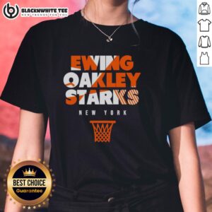 Throwback basketball ladies tee featuring New York Knicks legends Ewing, Oakley, and Starks for a stylish fan look.