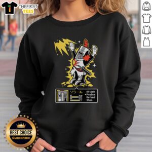 Pretty solar man in RPG sweatshirt praising the sun, showcasing vibrant design and cozy style for gamers.