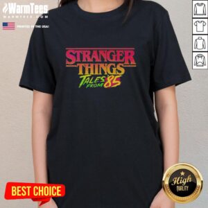 Good Stranger Things Tales From 1985 Ladies Tee featuring retro graphics and vibrant colors for fans of the series.