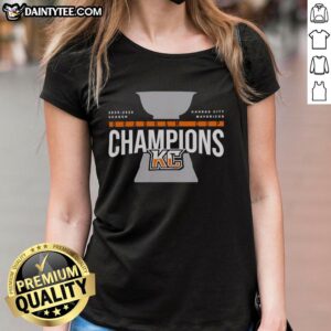 Alt Text: 2026 Brabham Cup Champions Trophy for Kansas City Mavericks displayed on a ladies tee, celebrating the team's victory.