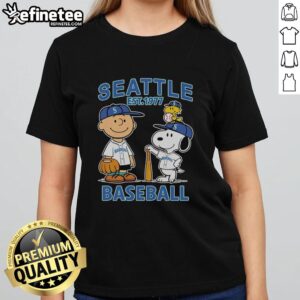 Awesome Charlie Brown, Snoopy, and Woodstock in Seattle Mariners baseball jersey, Est. 1977, on a ladies tee.
