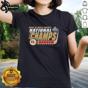 Alt Text: 2026 NCAA Frozen Four Men's Ice Hockey Champions Denver Pioneers bracket on a stylish ladies tee.