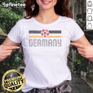 Alt Text: Original Germany Retro Stripe World Cup Football Ladies Tee in vibrant colors, perfect for fans and casual wear.