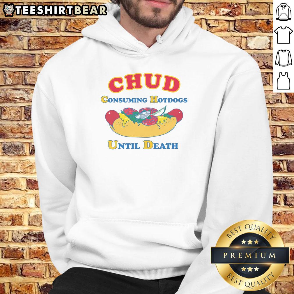 funny-chud-consuming-hotdogs-until-death-hoodie Alt Text: Funny Chud consuming hotdogs until death hoodie design featuring a humorous cartoon character with hotdogs.