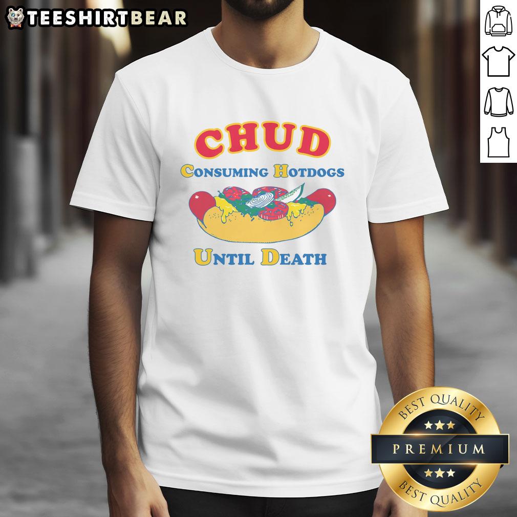 funny-chud-consuming-hotdogs-until-death-t-shirt-1 Funny Chud T-Shirt featuring a humorous graphic of a character consuming hotdogs until death, perfect for food lovers.