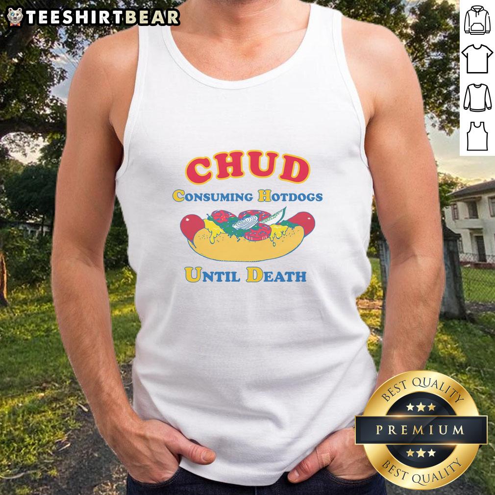 funny-chud-consuming-hotdogs-until-death-tank-top Funny Chud consuming hotdogs in a tank top, humorously depicting a gluttonous feast until death.