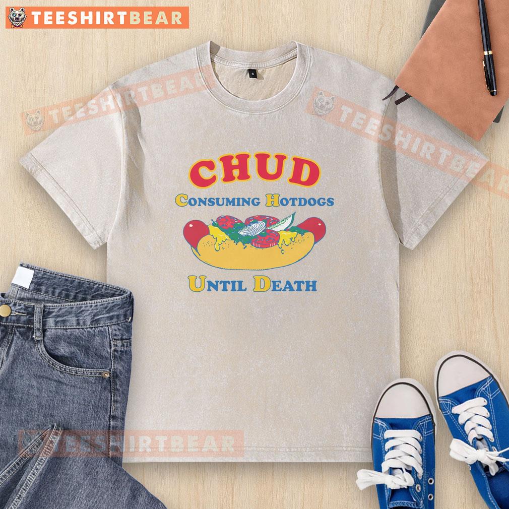 funny-chud-consuming-hotdogs-until-death-washed-t-shirt Alt Text: Funny Chud consuming hotdogs until death, wearing a humorous graphic t-shirt that showcases his appetite.