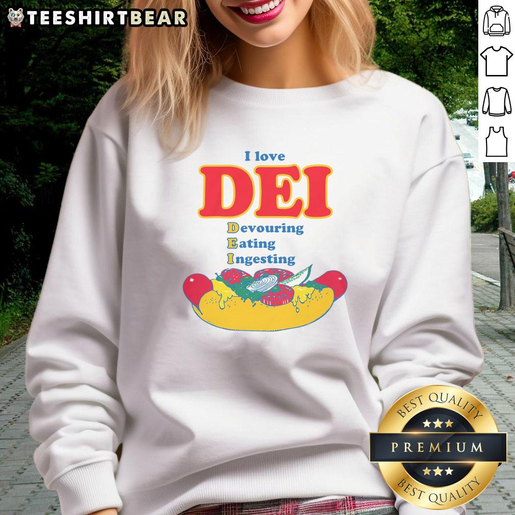 funny-i-love-dei-devouring-eating-ingesting-sweatshirt Funny I Love Dei sweatshirt featuring a playful design of a character devouring snacks, perfect for casual wear.