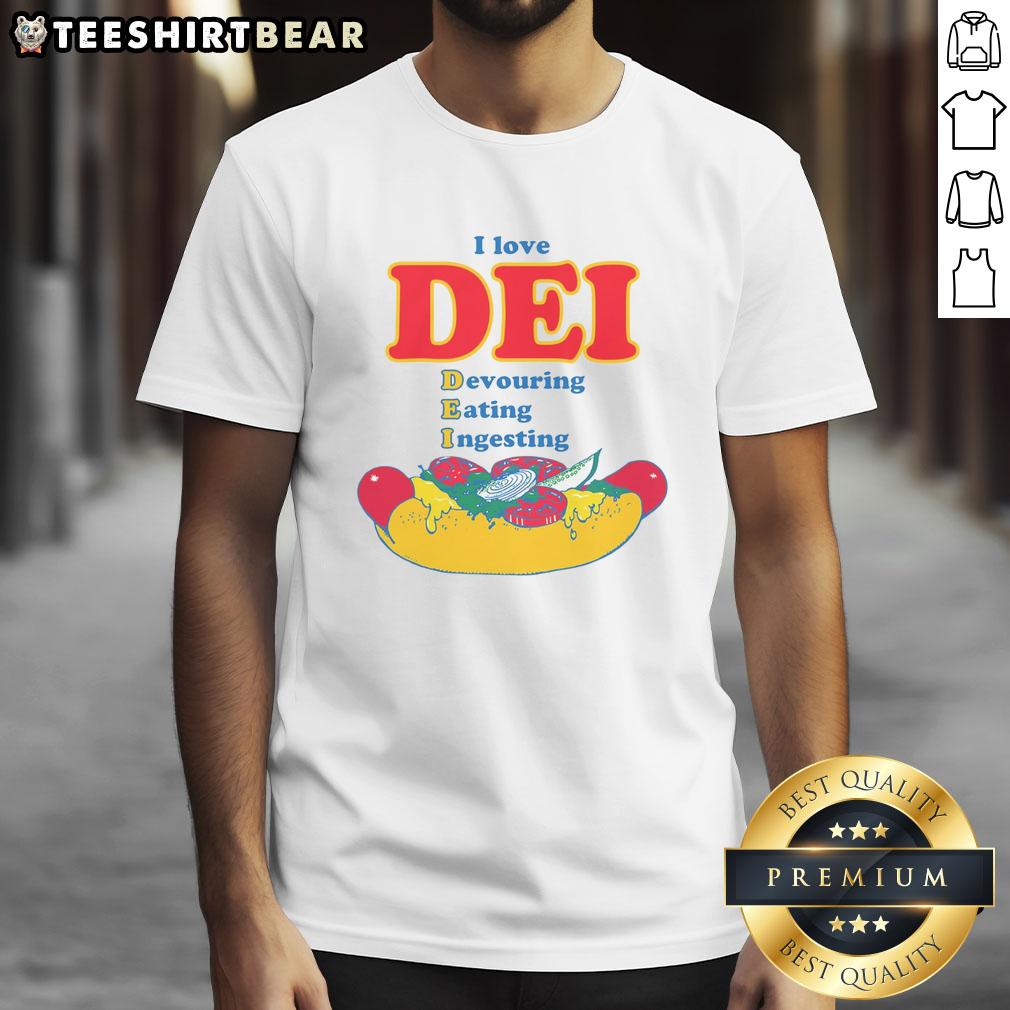 funny-i-love-dei-devouring-eating-ingesting-t-shirt Funny 'I Love Dei' T-Shirt featuring a playful graphic of a character devouring food, perfect for food lovers.