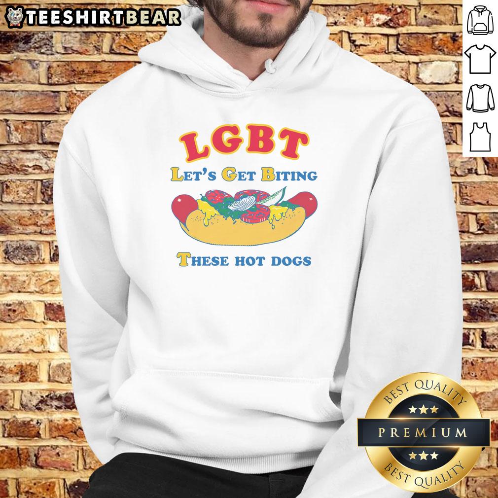 funny-lgbt-lets-get-biting-these-hot-dogs-hoodie Funny LGBT hoodie with 'Let's Get Biting These Hot Dogs' slogan, perfect for pride events and casual wear.