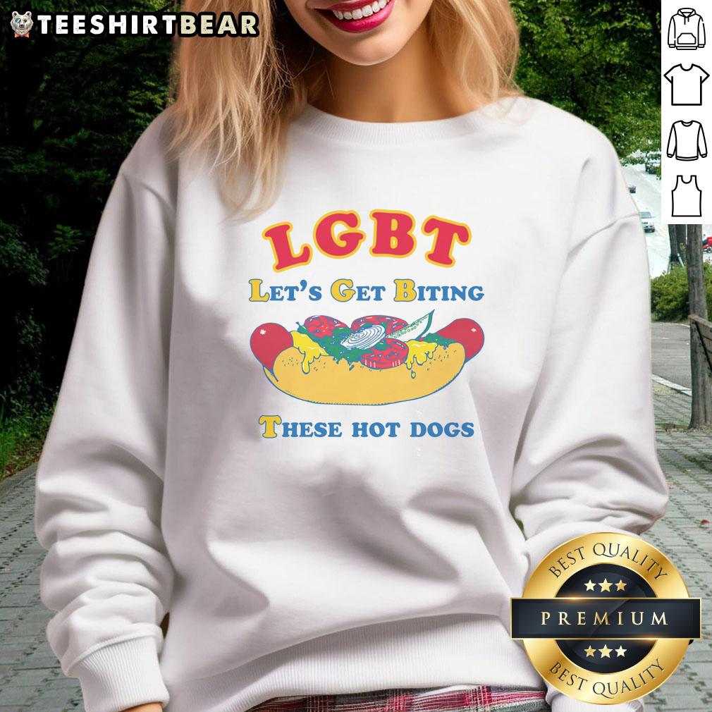 funny-lgbt-lets-get-biting-these-hot-dogs-sweatshirt Funny LGBT Let's Get Biting These Hot Dogs sweatshirt featuring colorful graphics and a playful design for pride events.